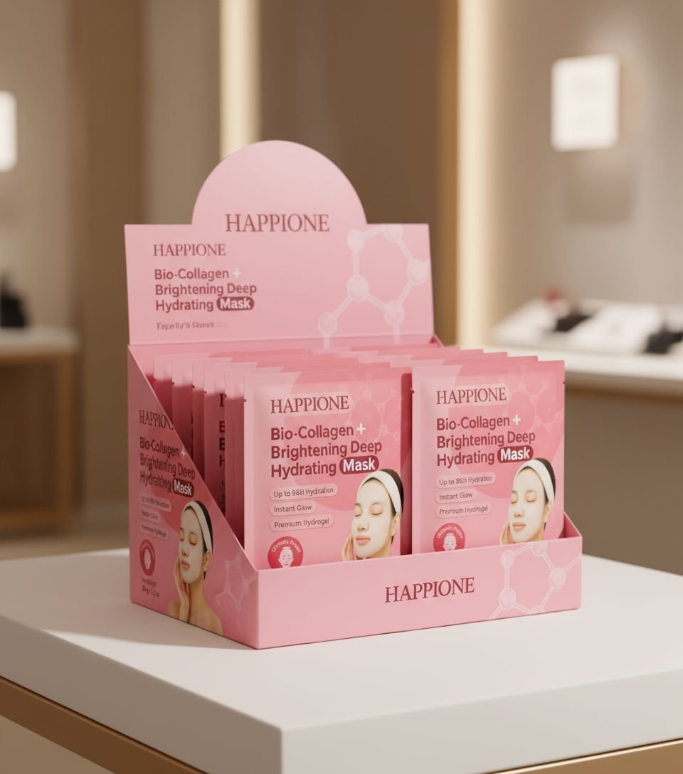 This is image about Happione Bio-Collagen Brightening Deep Hydrating Mask display box with individual mask sachets in pink skincare packaging,