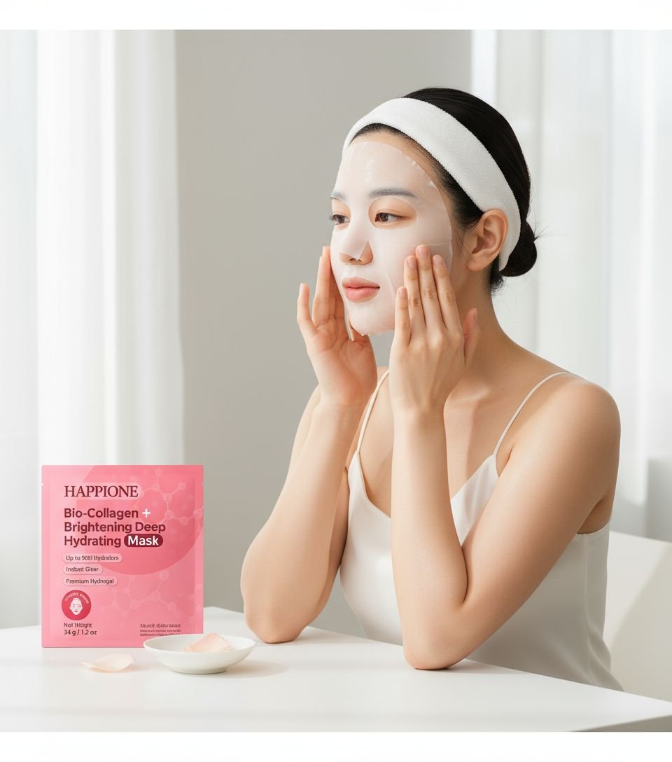 This is image about A girl apply Happione Bio Collagen Hydrating Mask on his face