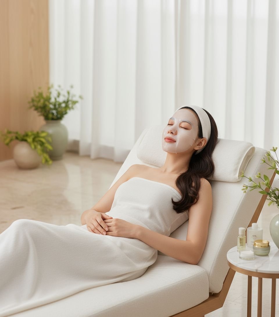 Woman relaxing on chaise lounge wearing HAPPIONE Bio-Collagen Brightening Hydrating Deep Mask in luxurious spa setting with white towels and plants