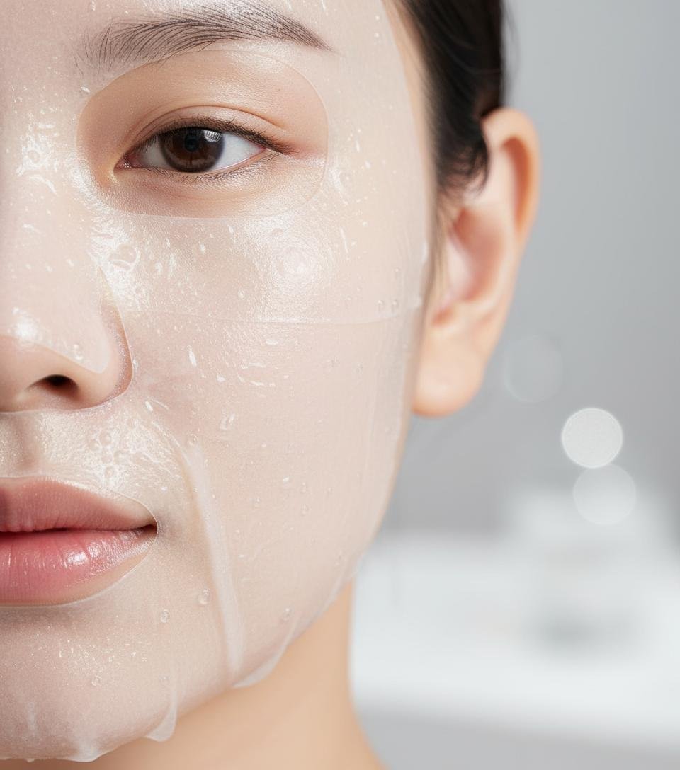 This is image about a girl with half face apply Happione Bio- Collagen Brightening mask